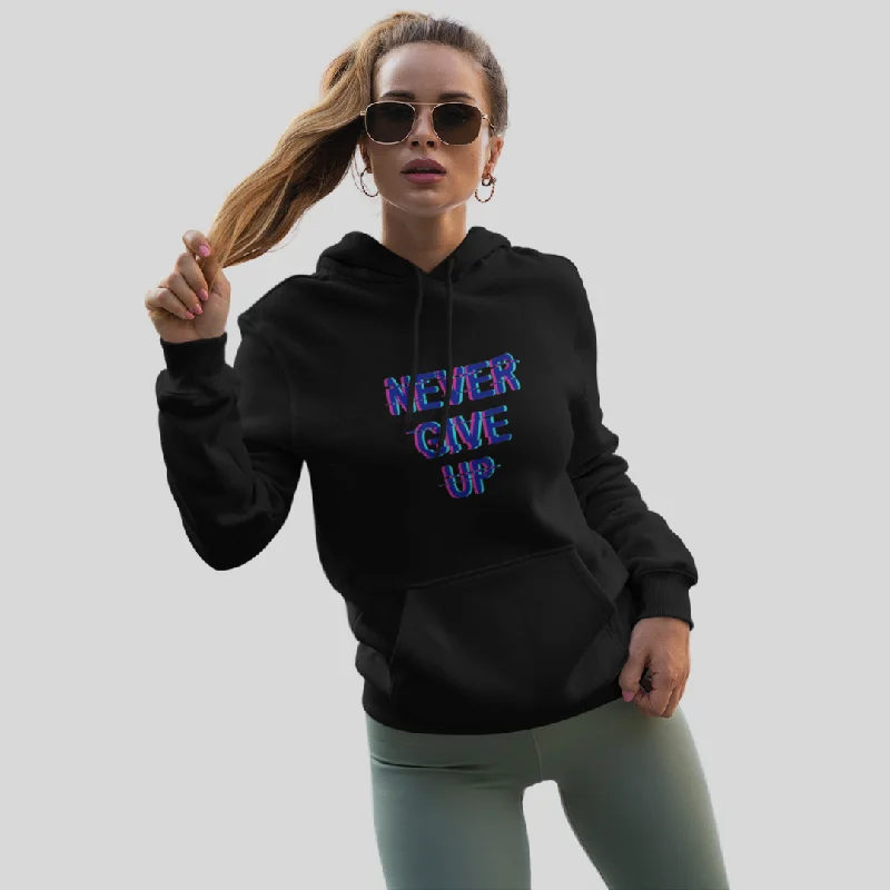 Stay Motivated with the "Never Give Up" Printed Black Hoodie for Women Hoodie with Hem Applique Textured Unique Stay Motivated with the "Never Give Up" Printed Black Hoodie for Women Hoodie with Hem Applique Textured Unique