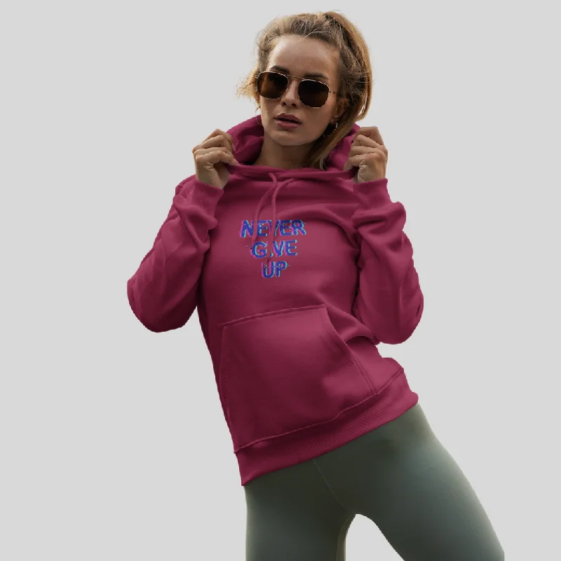 Stay Motivated with the "Never Give Up" Printed Maroon Hoodie for Women Hoodie with Contrast Stitching Detailed Premium Stay Motivated with the "Never Give Up" Printed Maroon Hoodie for Women Hoodie with Contrast Stitching Detailed Premium