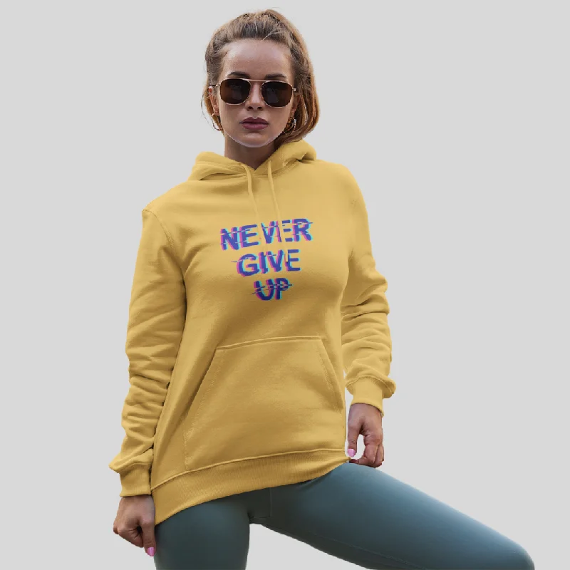 Stay Motivated with the "Never Give Up" Printed Yellow Hoodie for Women Hoodie with Cropped Fit Short Trendy Stay Motivated with the "Never Give Up" Printed Yellow Hoodie for Women Hoodie with Cropped Fit Short Trendy