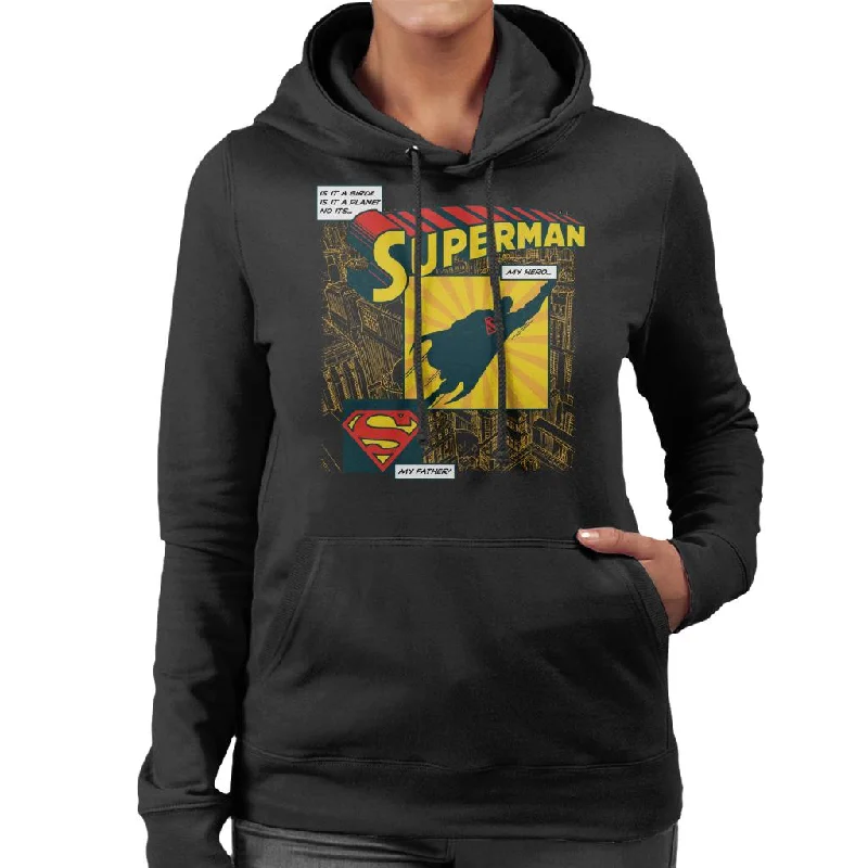 Superman Fathers Day My Hero My Father Women's Hooded Sweatshirt Hoodie with Metallic Shiny Futuristic