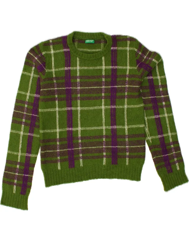 BENETTON Womens Crop Crew Neck Jumper Sweater UK 8 Small Green Check Velvet Chenille Corduroy BENETTON Womens Crop Crew Neck Jumper Sweater UK 8 Small Green Check Velvet Chenille Corduroy