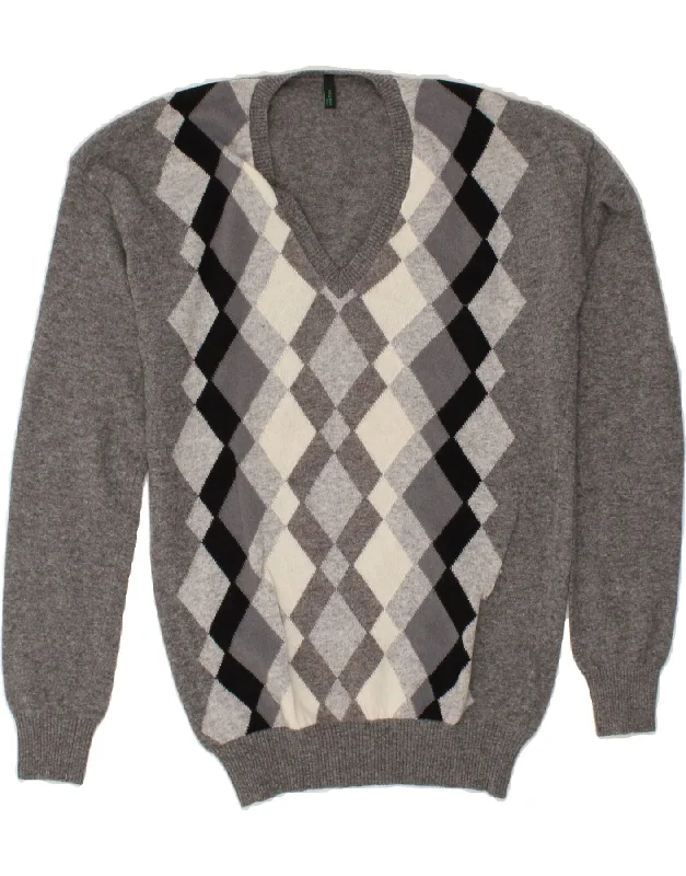 BENETTON Womens V-Neck Jumper Sweater UK 10 Small Grey Argyle/Diamond Wool Glossy Satin Silk BENETTON Womens V-Neck Jumper Sweater UK 10 Small Grey Argyle/Diamond Wool Glossy Satin Silk