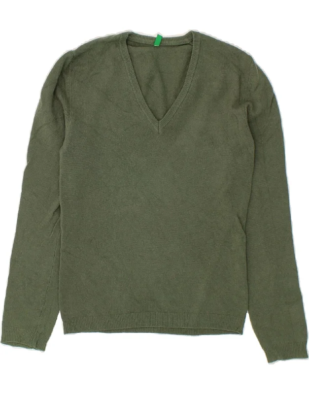 BENETTON Womens V-Neck Jumper Sweater UK 6 XS Green Wool Chenille Fabric Brocade Fabric Lace Fabric BENETTON Womens V-Neck Jumper Sweater UK 6 XS Green Wool Chenille Fabric Brocade Fabric Lace Fabric