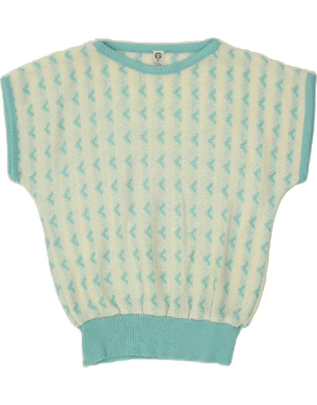 C&A Womens Short Sleeve Boat Neck Jumper Sweater UK 14 Medium Blue Striped Chenille Brocade Lace C&A Womens Short Sleeve Boat Neck Jumper Sweater UK 14 Medium Blue Striped Chenille Brocade Lace