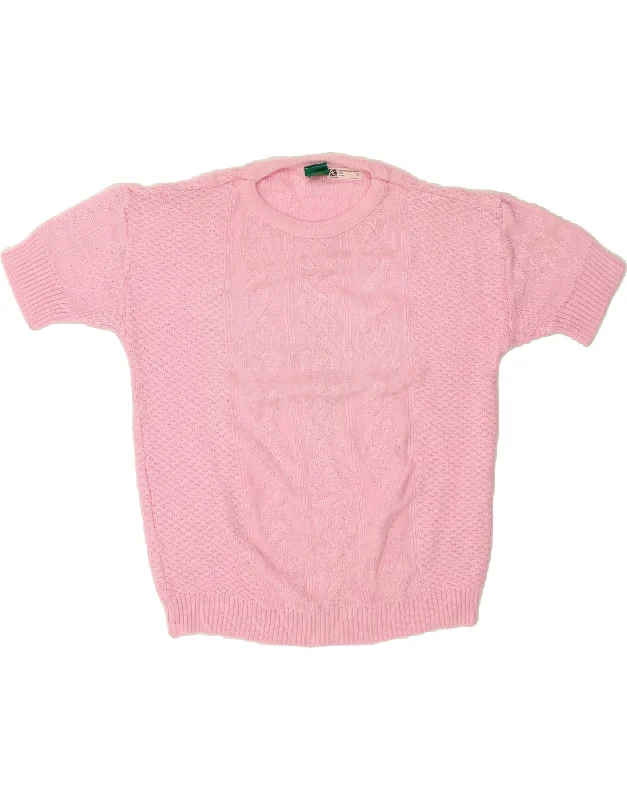 CANDA Womens Short Sleeve Crew Neck Jumper Sweater UK 18 XL Pink Acrylic Graphic Sweater Embroidered Appliqued