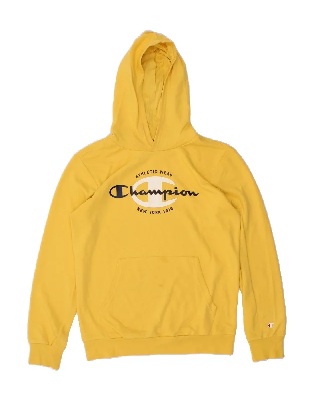 CHAMPION Boys Graphic Hoodie Jumper 13-14 Years XL Yellow Hoodie with Raw Hem Edgy Unfinished CHAMPION Boys Graphic Hoodie Jumper 13-14 Years XL Yellow Hoodie with Raw Hem Edgy Unfinished