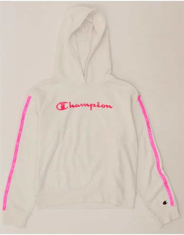 CHAMPION Girls Graphic Hoodie Jumper 11-12 Years Large White Cotton Zip Hoodie Drawstring Kangaroo Pocket CHAMPION Girls Graphic Hoodie Jumper 11-12 Years Large White Cotton Zip Hoodie Drawstring Kangaroo Pocket