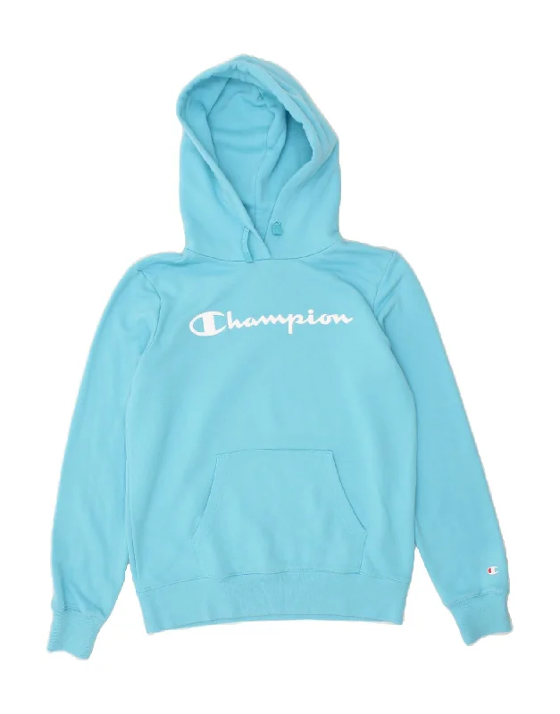 CHAMPION Womens Graphic Hoodie Jumper UK 10 Small Blue Cotton Hoodie with Raglan Sleeves Sporty Comfortable CHAMPION Womens Graphic Hoodie Jumper UK 10 Small Blue Cotton Hoodie with Raglan Sleeves Sporty Comfortable