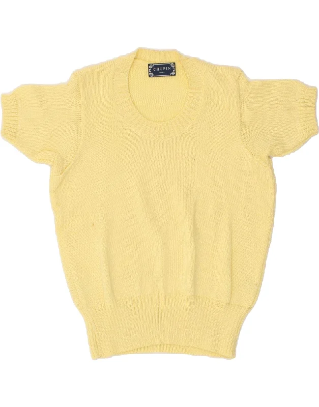 CHOPIN ROMA Womens Short Sleeve Crew Neck Jumper Sweater UK 8 Small Yellow Neon Metallic Matte CHOPIN ROMA Womens Short Sleeve Crew Neck Jumper Sweater UK 8 Small Yellow Neon Metallic Matte