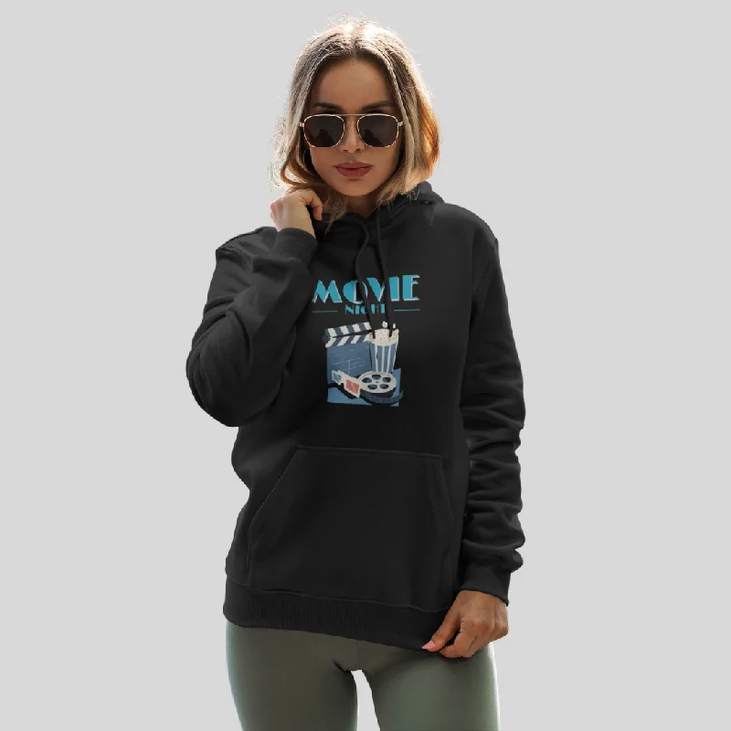 Cozy up with the Women's "Movie Night" Printed Black Hoodie Hoodie with Rolled Sleeves Casual Relaxed Cozy up with the Women's "Movie Night" Printed Black Hoodie Hoodie with Rolled Sleeves Casual Relaxed