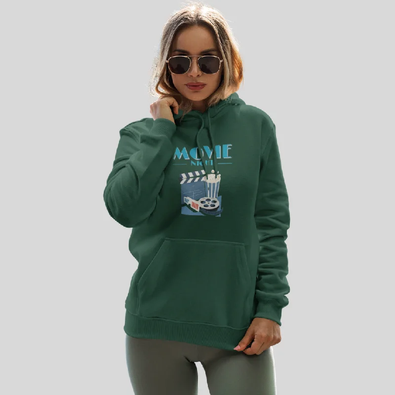 Cozy up with the Women's "Movie Night" Printed Green Hoodie Hoodie with Velcro Closure Adjustable Secure