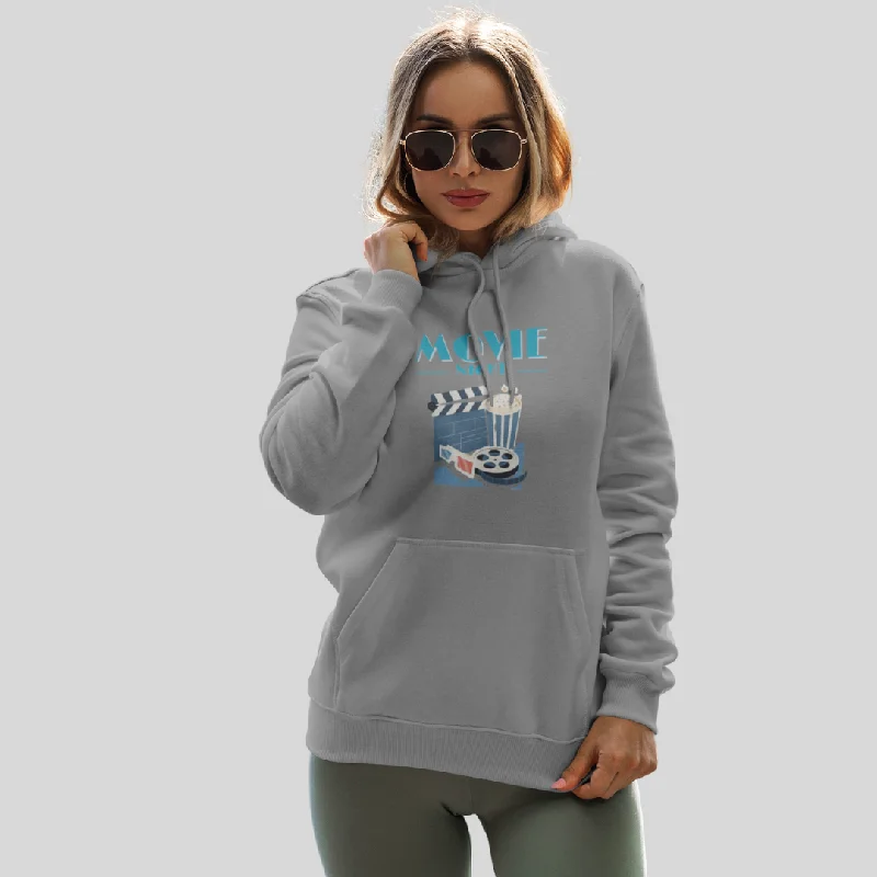 Cozy up with the Women's "Movie Night" Printed Grey Hoodie Hoodie with Slit Hem Functional Movement Cozy up with the Women's "Movie Night" Printed Grey Hoodie Hoodie with Slit Hem Functional Movement