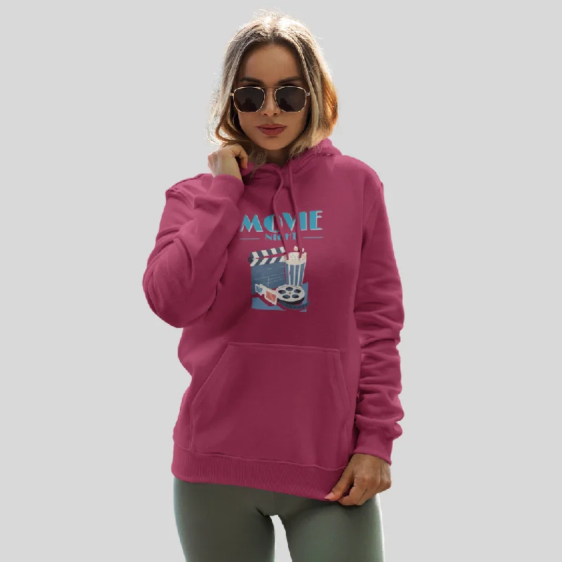 Cozy up with the Women's "Movie Night" Printed Maroon Hoodie Hooded Sweatshirt Casual Wear Street Style Cozy up with the Women's "Movie Night" Printed Maroon Hoodie Hooded Sweatshirt Casual Wear Street Style