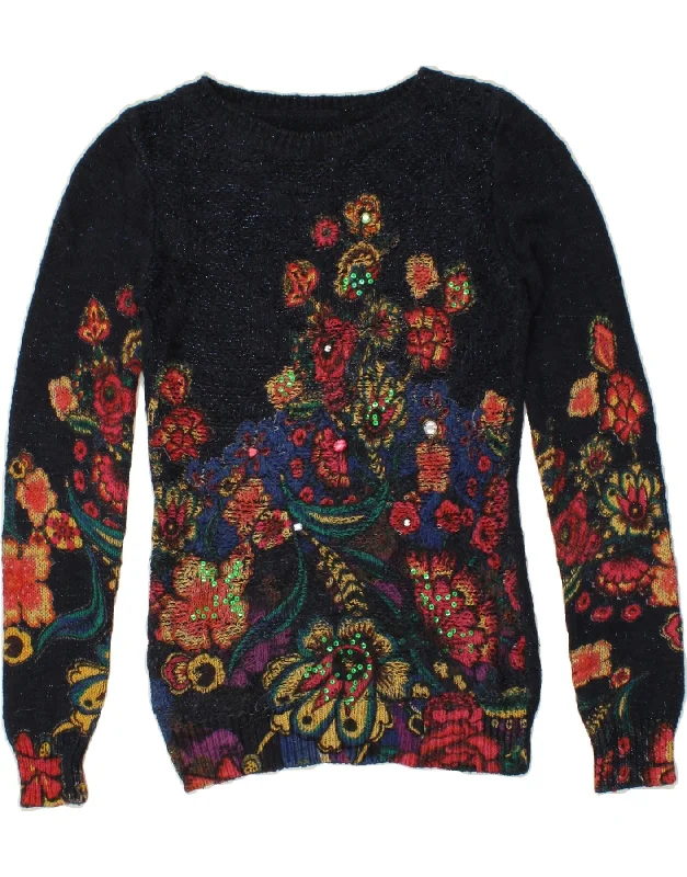 DESIGUAL Womens Boat Neck Jumper Sweater UK 6 XS Navy Blue Floral Cotton Toggled Drawstring Belted DESIGUAL Womens Boat Neck Jumper Sweater UK 6 XS Navy Blue Floral Cotton Toggled Drawstring Belted