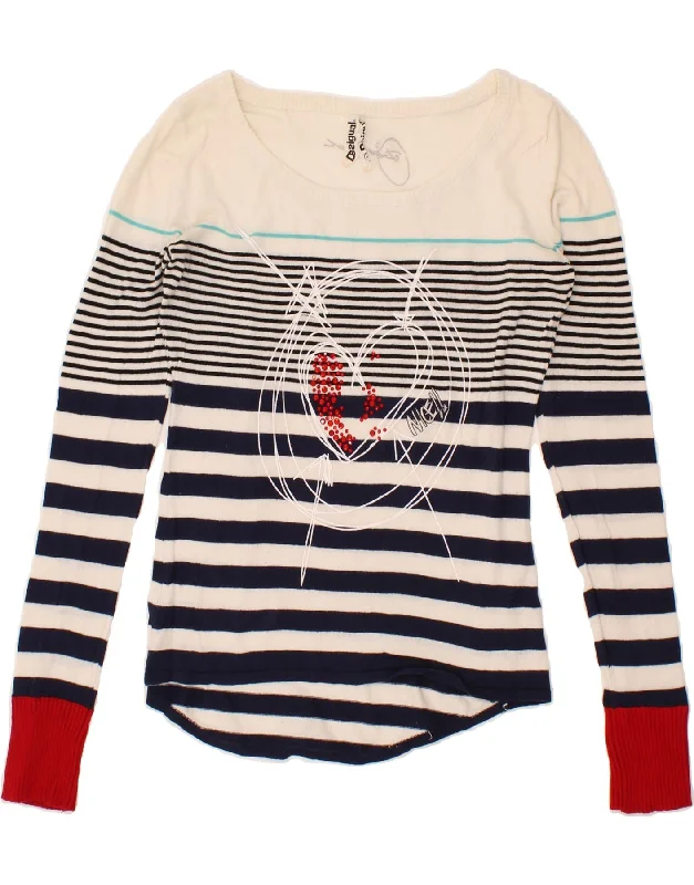 DESIGUAL Womens Graphic Boat Neck Jumper Sweater UK 12 Medium Beige Handmade Hand-knitted Hand-woven DESIGUAL Womens Graphic Boat Neck Jumper Sweater UK 12 Medium Beige Handmade Hand-knitted Hand-woven