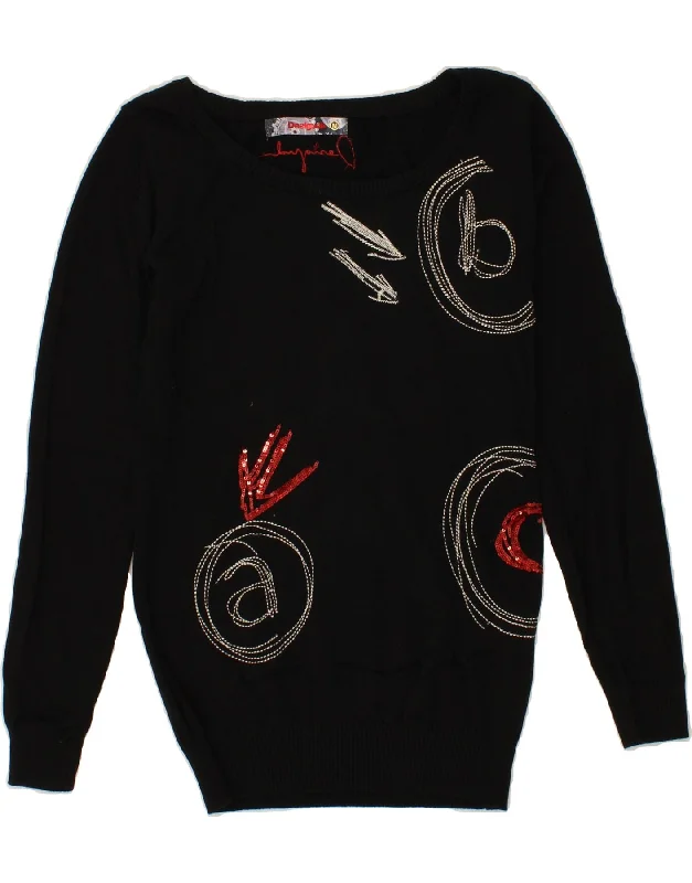 DESIGUAL Womens Graphic Boat Neck Jumper Sweater UK 12 Medium Black Cotton Beaded Sweater Sequined Faux Fur