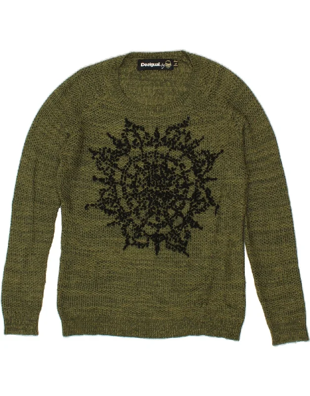 DESIGUAL Womens Graphic Boat Neck Jumper Sweater UK 18 XL Khaki Zippered Buttoned Snapped DESIGUAL Womens Graphic Boat Neck Jumper Sweater UK 18 XL Khaki Zippered Buttoned Snapped