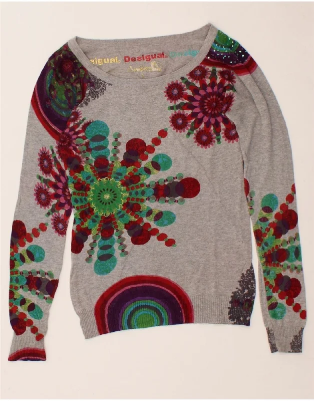 DESIGUAL Womens Graphic Boat Neck Jumper Sweater UK 8 Small Grey Floral Bright Pastel Dark DESIGUAL Womens Graphic Boat Neck Jumper Sweater UK 8 Small Grey Floral Bright Pastel Dark