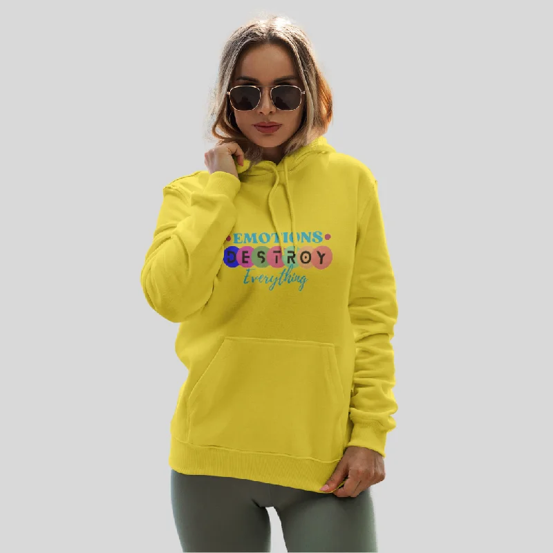 "Emotions Destroy Everything" Printed Women's Yellow Hoodie! Hoodie with Logo Branding Identity "Emotions Destroy Everything" Printed Women's Yellow Hoodie! Hoodie with Logo Branding Identity