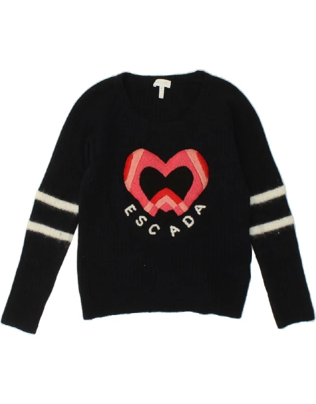 ESCADA Womens Graphic Crew Neck Jumper Sweater UK 12 Medium Navy Blue Wool Turtle Neck Boat Neck Asymmetrical Neck ESCADA Womens Graphic Crew Neck Jumper Sweater UK 12 Medium Navy Blue Wool Turtle Neck Boat Neck Asymmetrical Neck