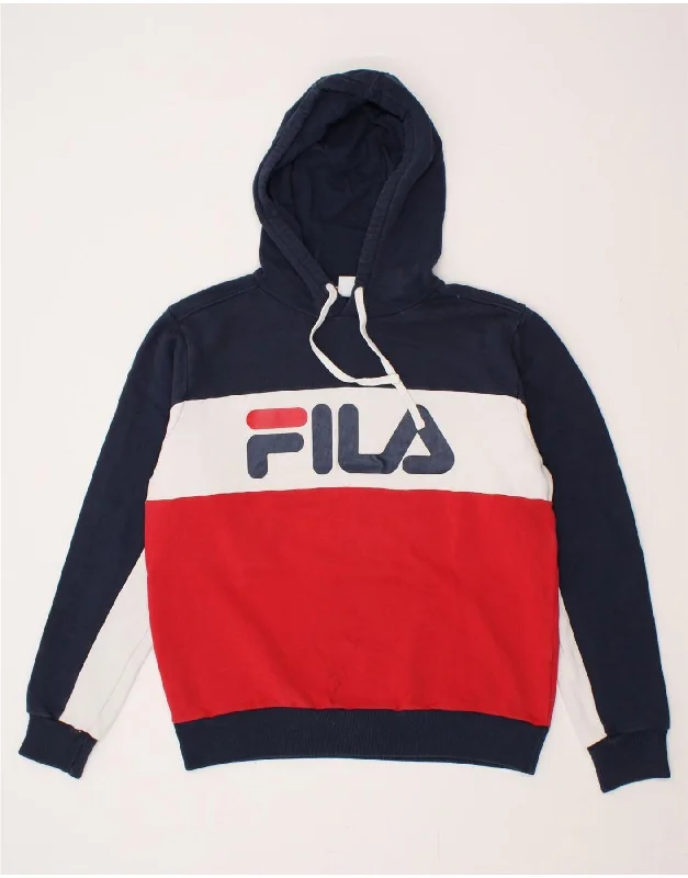 FILA Mens Graphic Hoodie Jumper IT 50 Medium Navy Blue Colourblock Cotton Hoodie with Zipper Placket Modern Functional FILA Mens Graphic Hoodie Jumper IT 50 Medium Navy Blue Colourblock Cotton Hoodie with Zipper Placket Modern Functional