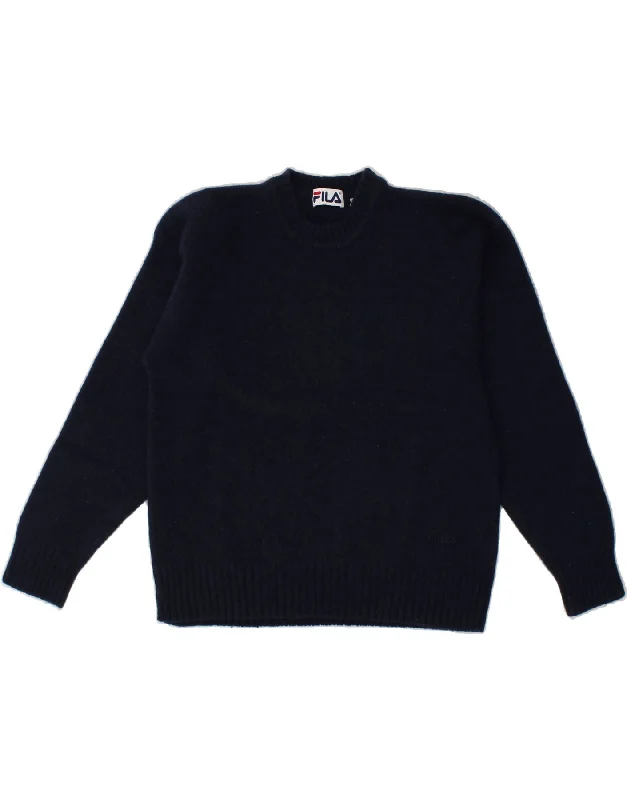 FILA Womens Crew Neck Jumper Sweater UK 12 Medium Navy Blue Wool Cable Knit Ribbed Knit Lace Knit FILA Womens Crew Neck Jumper Sweater UK 12 Medium Navy Blue Wool Cable Knit Ribbed Knit Lace Knit