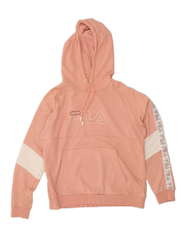 FILA Womens Graphic Hoodie Jumper UK 16 Large Pink Colourblock Cotton Hoodie with Rolled Sleeves Casual Relaxed