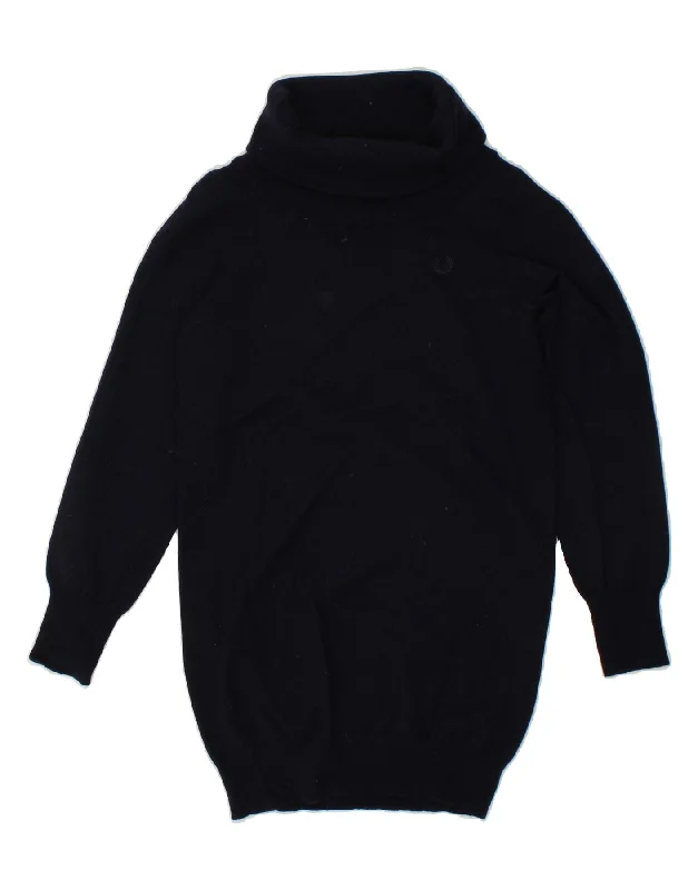 FRED PERRY Womens Roll Neck Jumper Sweater UK 14 Large Navy Blue Wool Mesh Sweater Canvas Denim FRED PERRY Womens Roll Neck Jumper Sweater UK 14 Large Navy Blue Wool Mesh Sweater Canvas Denim