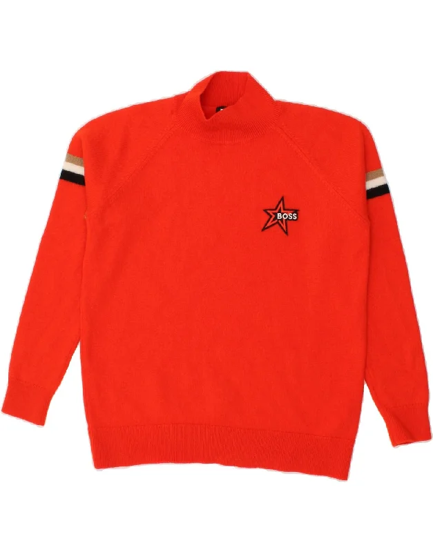 HUGO BOSS Womens Graphic Turtle Neck Jumper Sweater UK 18 XL Orange Print Jacquard Patchwork HUGO BOSS Womens Graphic Turtle Neck Jumper Sweater UK 18 XL Orange Print Jacquard Patchwork