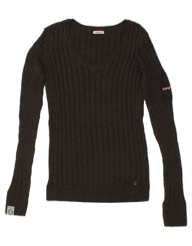KANGAROOS Womens V-Neck Jumper Sweater UK 10 Small Grey Ribbed Striped Patterned