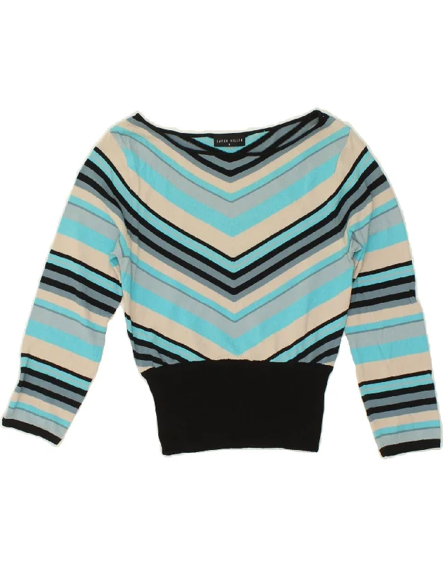 KAREN MILLEN Womens Crop Boat Neck Jumper Sweater UK 2 2XS Blue Striped Spandex Blend Rayon Blend Denim Blend