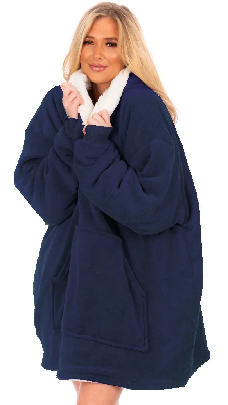 Ladies Oversized Sherpa Lined Hoodie Blanket, Blue Hoodie with Hem Raw Edge Edgy Unfinished