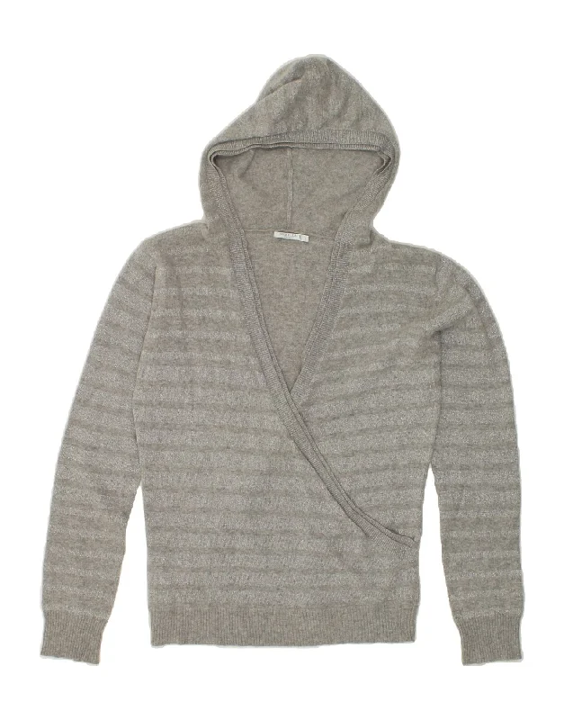 MARELLA Womens Hooded V-Neck Jumper Sweater UK 14 Large Grey Striped Wool Fleece Sweater Nylon Polyester MARELLA Womens Hooded V-Neck Jumper Sweater UK 14 Large Grey Striped Wool Fleece Sweater Nylon Polyester