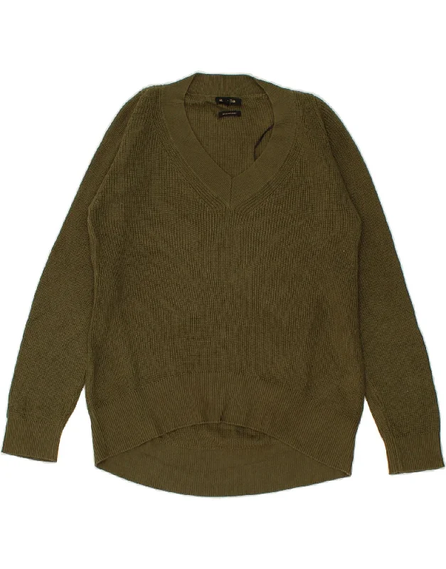 MASSIMO DUTTI Womens V-Neck Jumper Sweater UK 10 Small Khaki Cotton Glossy Satin Silk MASSIMO DUTTI Womens V-Neck Jumper Sweater UK 10 Small Khaki Cotton Glossy Satin Silk