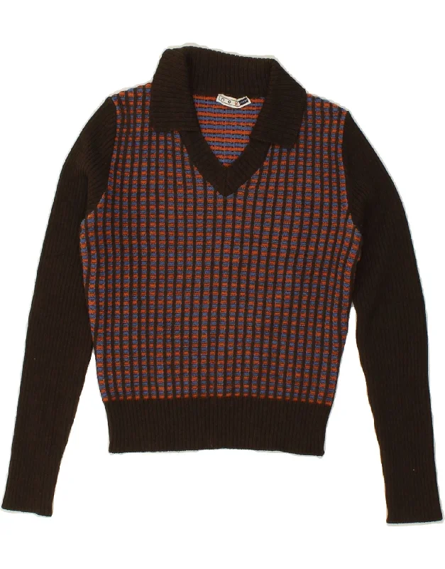 NEW PENNY Womens Crop Polo Neck Jumper Sweater UK 12 Medium Brown Striped Fitted Loose Oversized NEW PENNY Womens Crop Polo Neck Jumper Sweater UK 12 Medium Brown Striped Fitted Loose Oversized