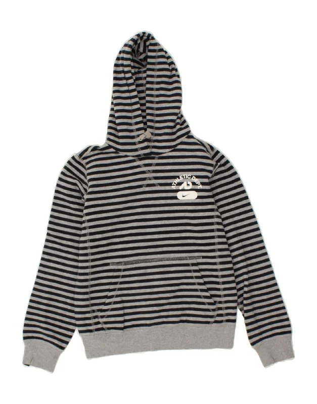 NIKE Boys Hoodie Jumper 8-9 Years Small Grey Striped Cotton Hoodie with Hem Applique Textured Unique NIKE Boys Hoodie Jumper 8-9 Years Small Grey Striped Cotton Hoodie with Hem Applique Textured Unique