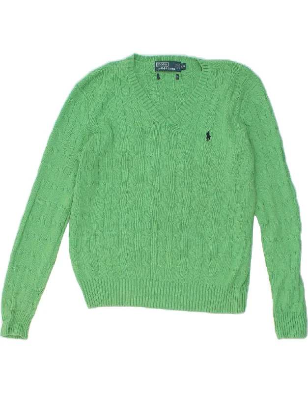 POLO RALPH LAUREN Womens V-Neck Jumper Sweater UK 16 Large Green Cable Knit Ribbed Knit Lace Knit