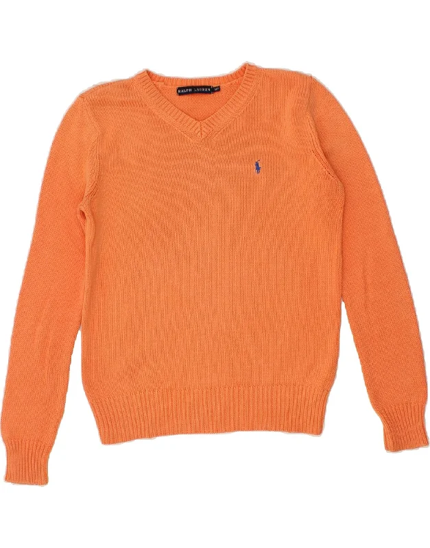 RALPH LAUREN Womens Oversized V-Neck Jumper Sweater UK 10 Small Orange Denim Fabric Leather Fabric Suede Fabric RALPH LAUREN Womens Oversized V-Neck Jumper Sweater UK 10 Small Orange Denim Fabric Leather Fabric Suede Fabric