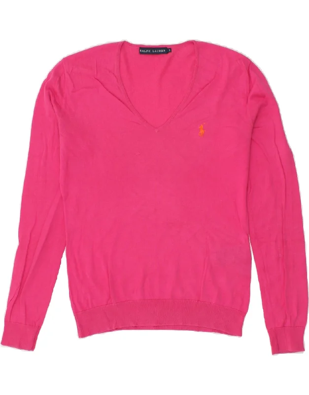 RALPH LAUREN Womens V-Neck Jumper Sweater UK 10 Small Pink Cotton Herringbone Houndstooth Plaid RALPH LAUREN Womens V-Neck Jumper Sweater UK 10 Small Pink Cotton Herringbone Houndstooth Plaid