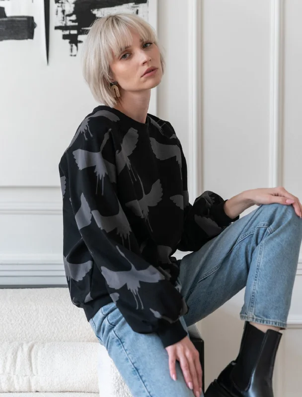 Rita Sweatshirt Cranes Black Hoodie with Full-Zip Functional Layering