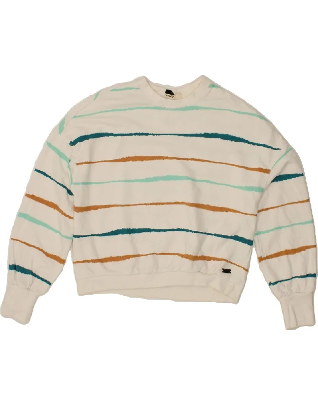 ROXY Womens Oversized Sweatshirt Jumper UK 10 Small White Striped Cotton Hoodie with Cropped Fit Short Trendy ROXY Womens Oversized Sweatshirt Jumper UK 10 Small White Striped Cotton Hoodie with Cropped Fit Short Trendy