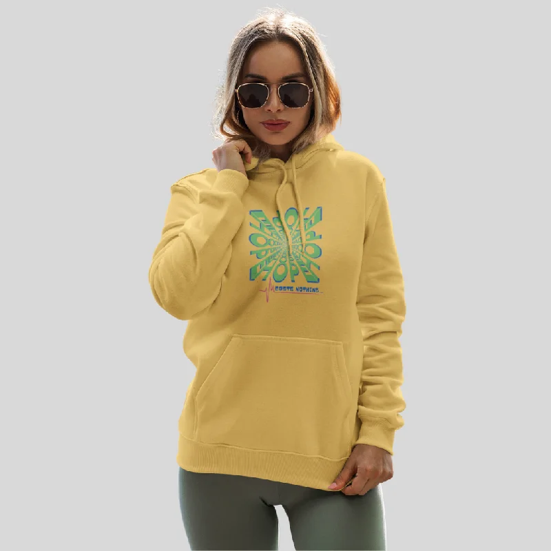 Spread Positive Vibes with Women's "Hope Cost's Nothing" Printed Yellow Hoodie! Hoodie with Patch Decorative Personalized Spread Positive Vibes with Women's "Hope Cost's Nothing" Printed Yellow Hoodie! Hoodie with Patch Decorative Personalized