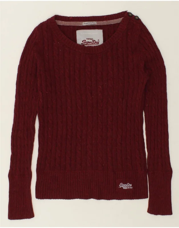 SUPERDRY Womens Premium Boat Neck Jumper Sweater UK 14 Medium Maroon Mesh Blend Leather Blend Suede Blend