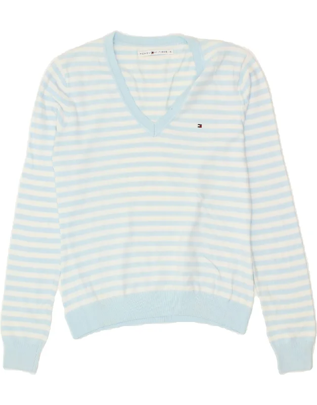 TOMMY HILFIGER Womens V-Neck Jumper Sweater UK 10 Small Blue Striped Stretchy Elastic Breathable TOMMY HILFIGER Womens V-Neck Jumper Sweater UK 10 Small Blue Striped Stretchy Elastic Breathable