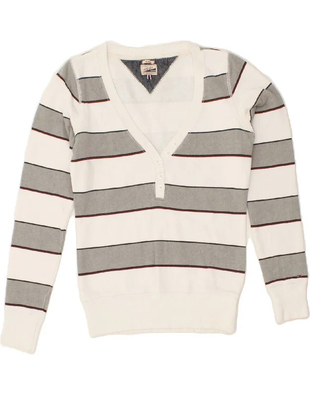 TOMMY HILFIGER Womens V-Neck Jumper Sweater UK 12  Medium  Grey Striped Satin Blend Silk Blend Wool Blend