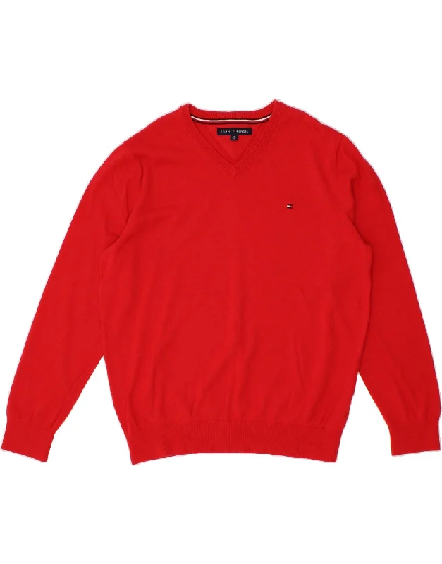 TOMMY HILFIGER Womens V-Neck Jumper Sweater UK 16 Large Red Cotton Solid Color Striped Floral Print TOMMY HILFIGER Womens V-Neck Jumper Sweater UK 16 Large Red Cotton Solid Color Striped Floral Print
