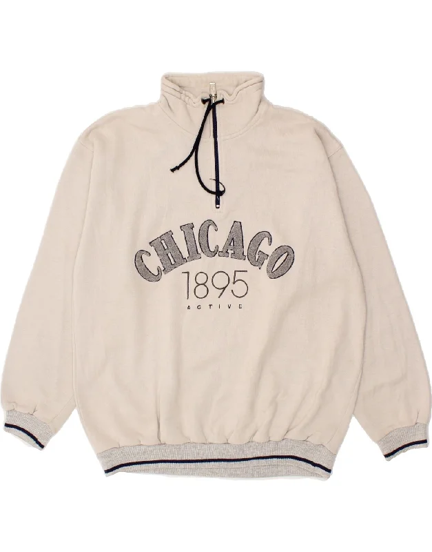 UNITED COTTON Mens Chicago Graphic Sweatshirt Jumper Large Off White Hoodie with Mock Neck Collared Structured UNITED COTTON Mens Chicago Graphic Sweatshirt Jumper Large Off White Hoodie with Mock Neck Collared Structured