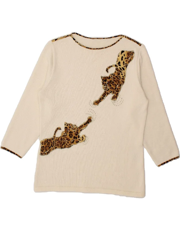 VINTAGE Womens 3/4 Sleeve Boat Neck Jumper Sweater UK 14 Large Off White Mesh Blend Leather Blend Suede Blend VINTAGE Womens 3/4 Sleeve Boat Neck Jumper Sweater UK 14 Large Off White Mesh Blend Leather Blend Suede Blend