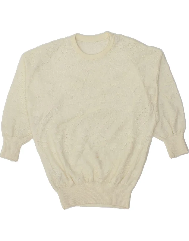 VINTAGE Womens 3/4 Sleeve Crew Neck Jumper Sweater EU 40 Medium Off White Mesh Blend Leather Blend Suede Blend VINTAGE Womens 3/4 Sleeve Crew Neck Jumper Sweater EU 40 Medium Off White Mesh Blend Leather Blend Suede Blend