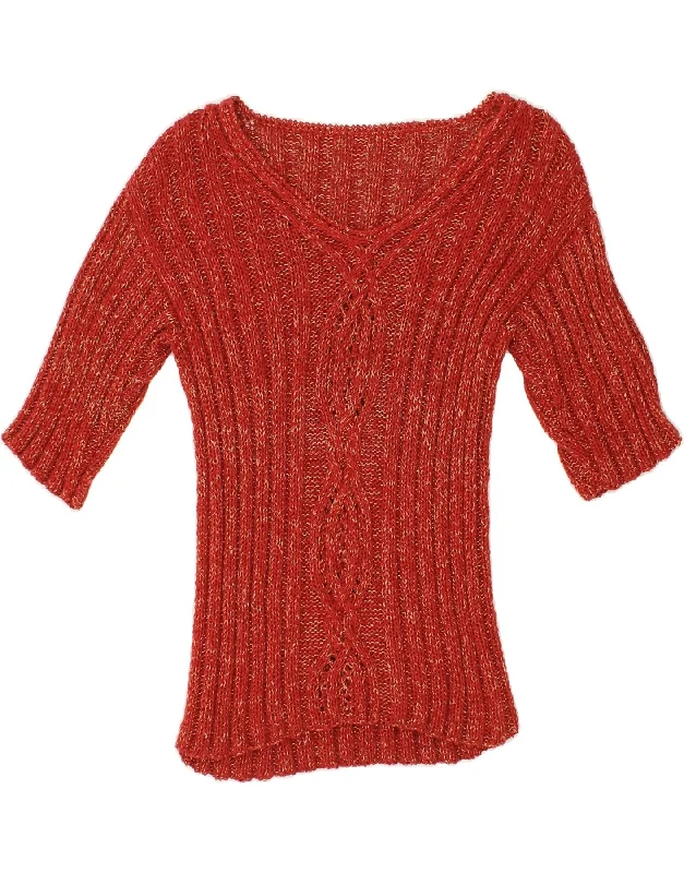 VINTAGE Womens 3/4 Sleeve V-Neck Jumper Sweater UK 14 Large Red Real Fur Shearling Chenille VINTAGE Womens 3/4 Sleeve V-Neck Jumper Sweater UK 14 Large Red Real Fur Shearling Chenille